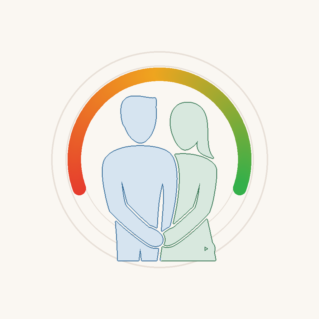 Two figures, one blue and one green, inside a horseshoe that runs from red through ochre to green.